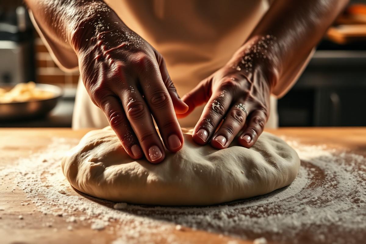 Pizzaiolo che lavora l'impasto a mano